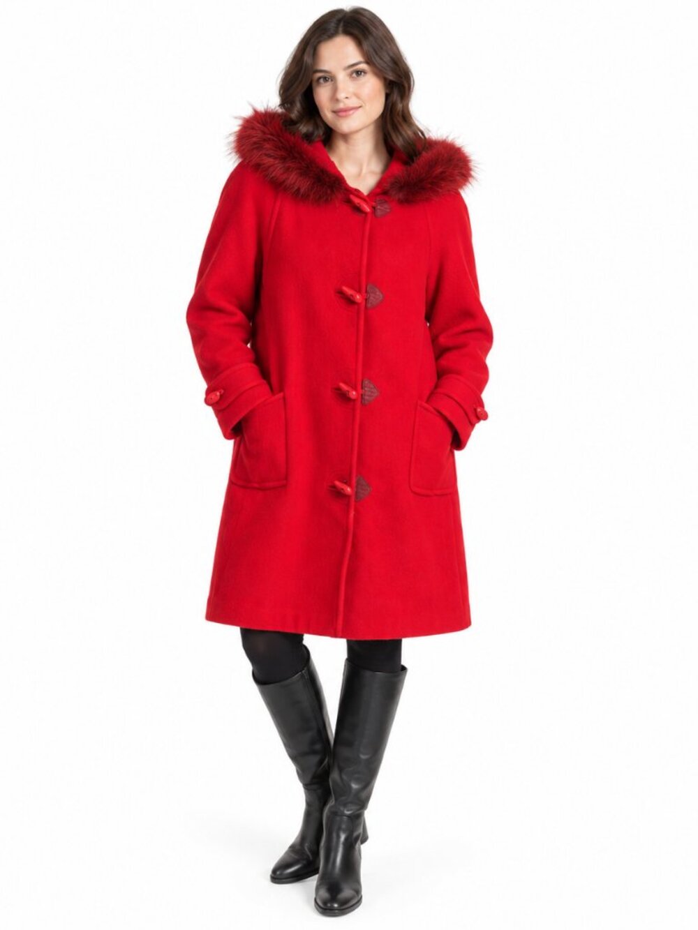 Vintage Braemar by Jeremy Scott Red Wool Hooded Duffle Coat Real Raccoon Fur Tri